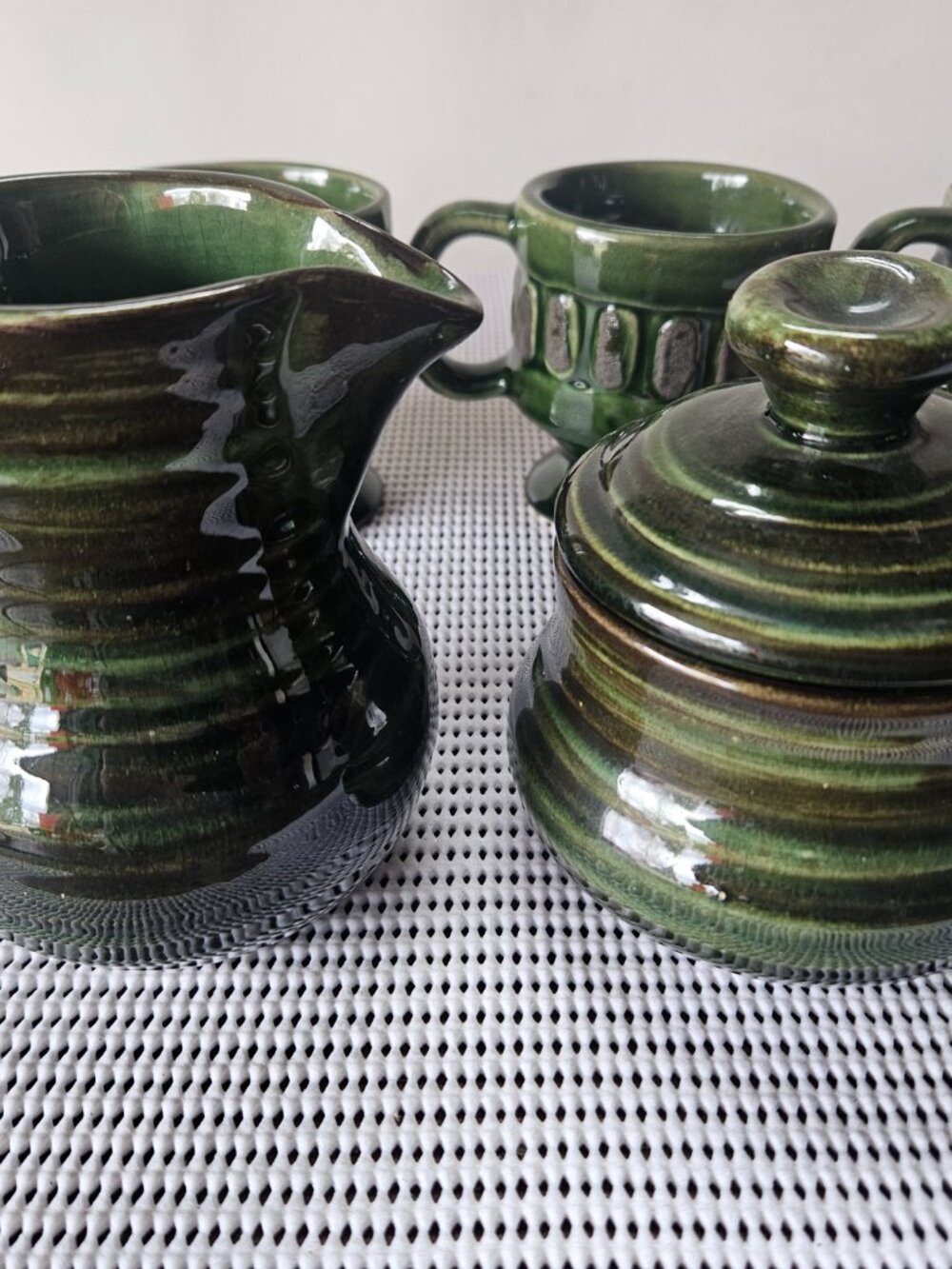 Vintage crafted Laurentian Pottery Set with 6 mugs, pitcher and sugar bowl.  G8